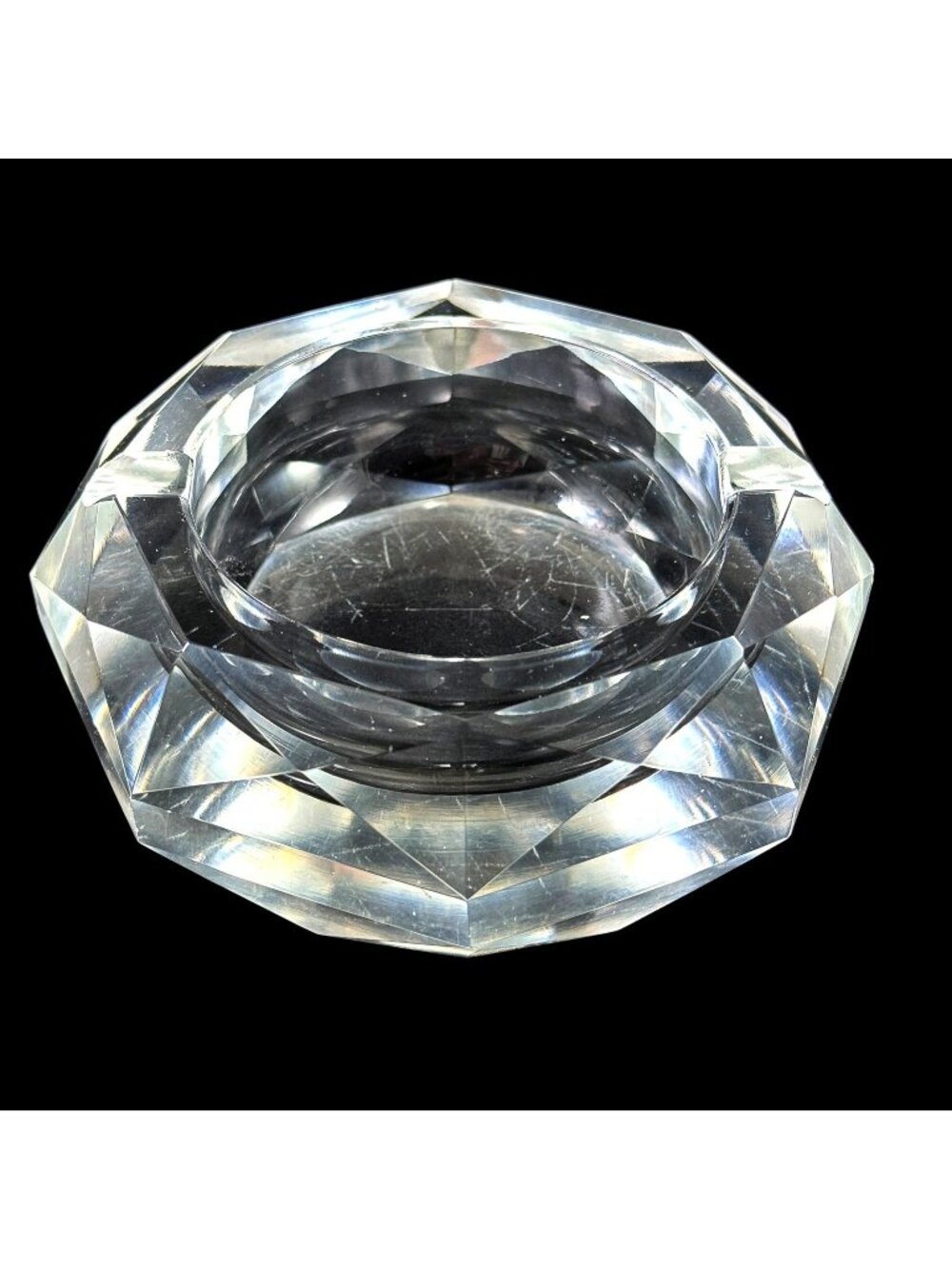 Crystal Glass Faceted Ashtray Heavy 2 Slot Vintage 1970s
